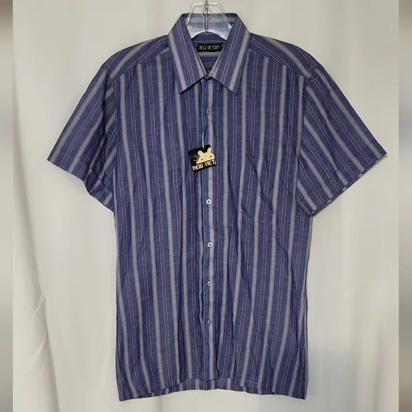 New Victory Men's NWT Blue Striped Short Sleeve Dress Shirt Shirt Size Small - Picture 3 of 9